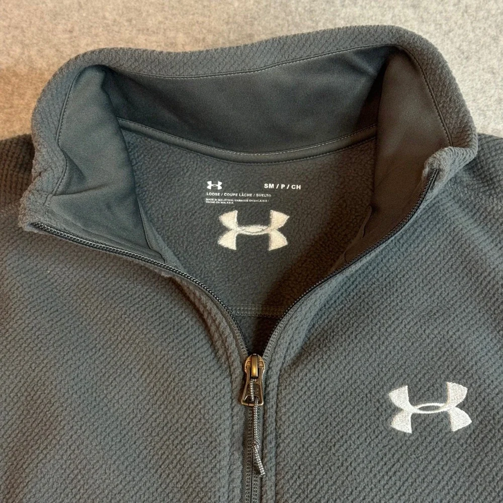 Under Armour Mens Small Waffle Fleece Full Zip Vest Gray Loose Fit Mock Neck